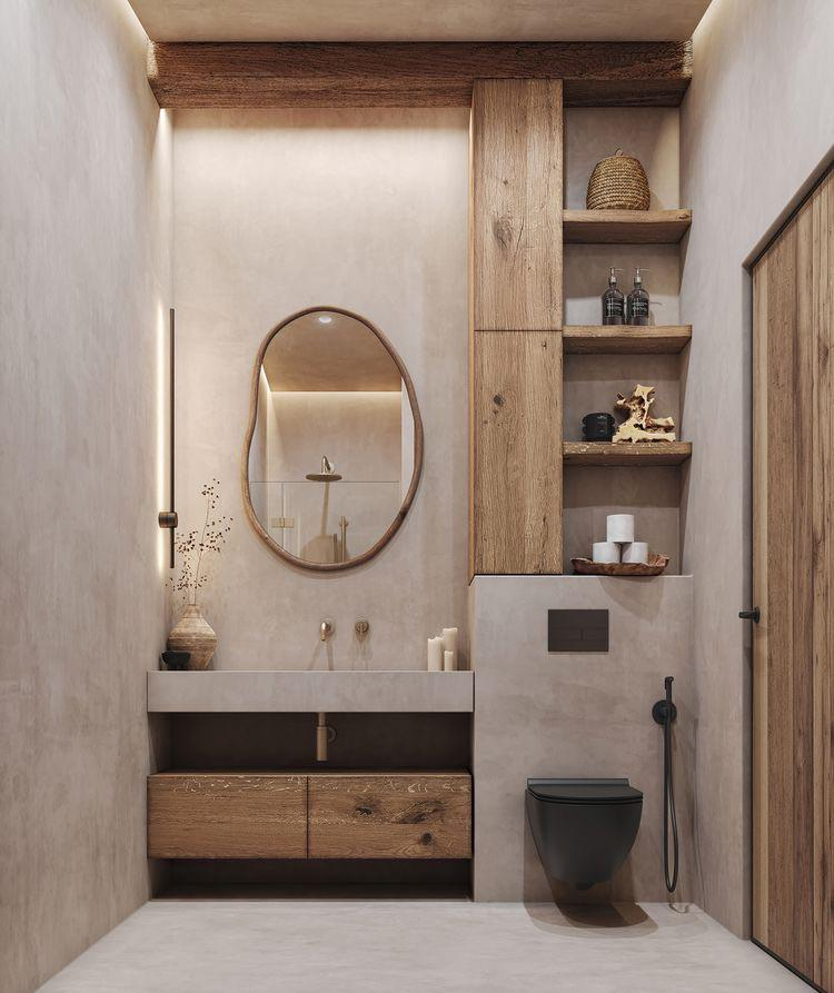 Serene Japandi bathroom blending minimalist elegance with warm wood accents. Neutral tones and natural textures create a tranquil, spa-like retreat that embodies the fusion of Japanese and Scandinavian design philosophies.