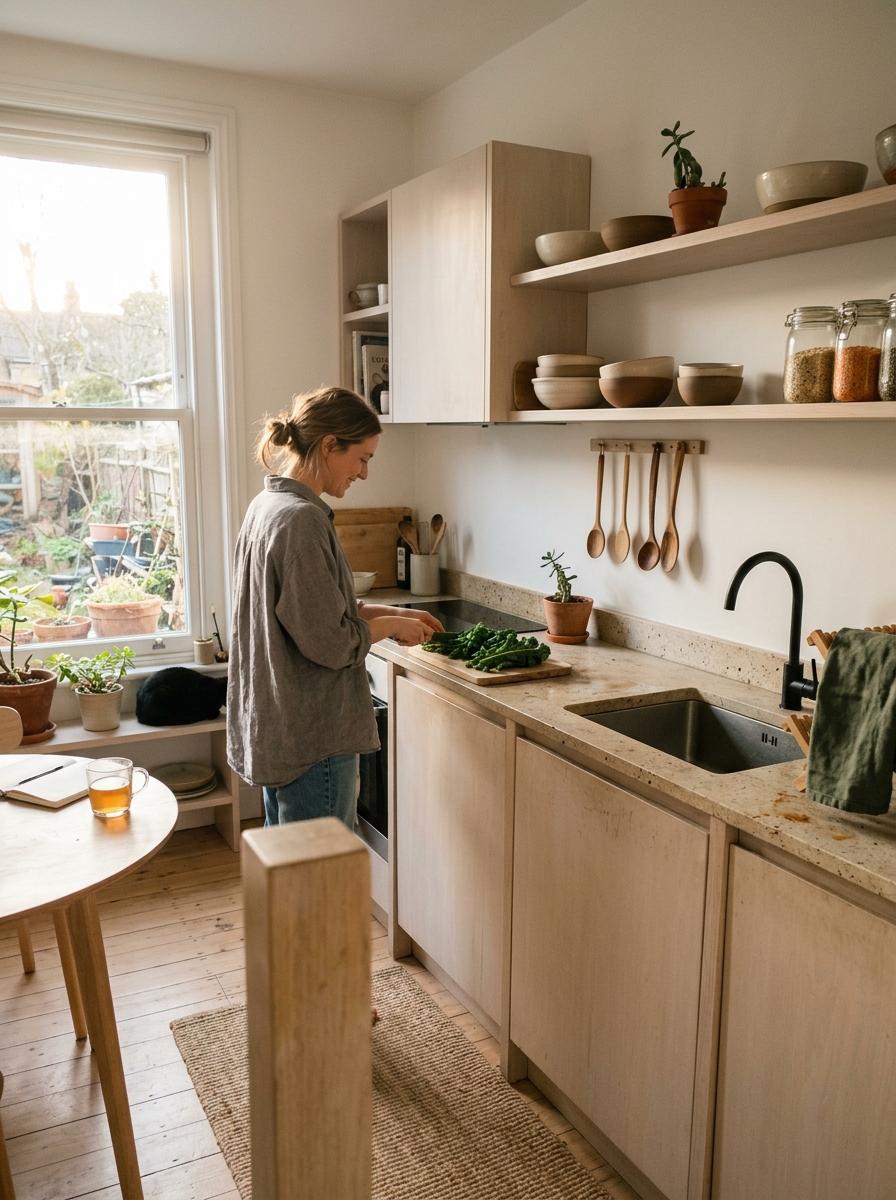 A Bright Hub Featuring A Sustainable Japandi Kitchen Aesthetic