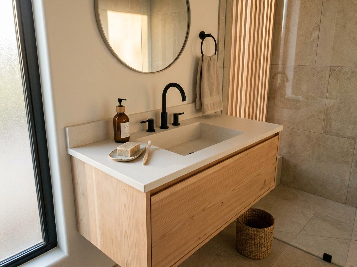 A Cohesive Aesthetic Found In A Japandi Bathroom Vanity