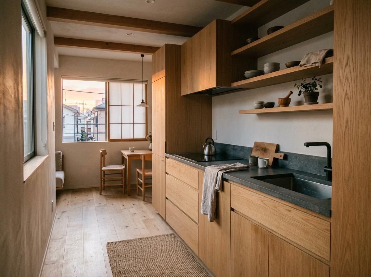 A Compact Apartment Designed With Japandi Kitchen Storage In Mind