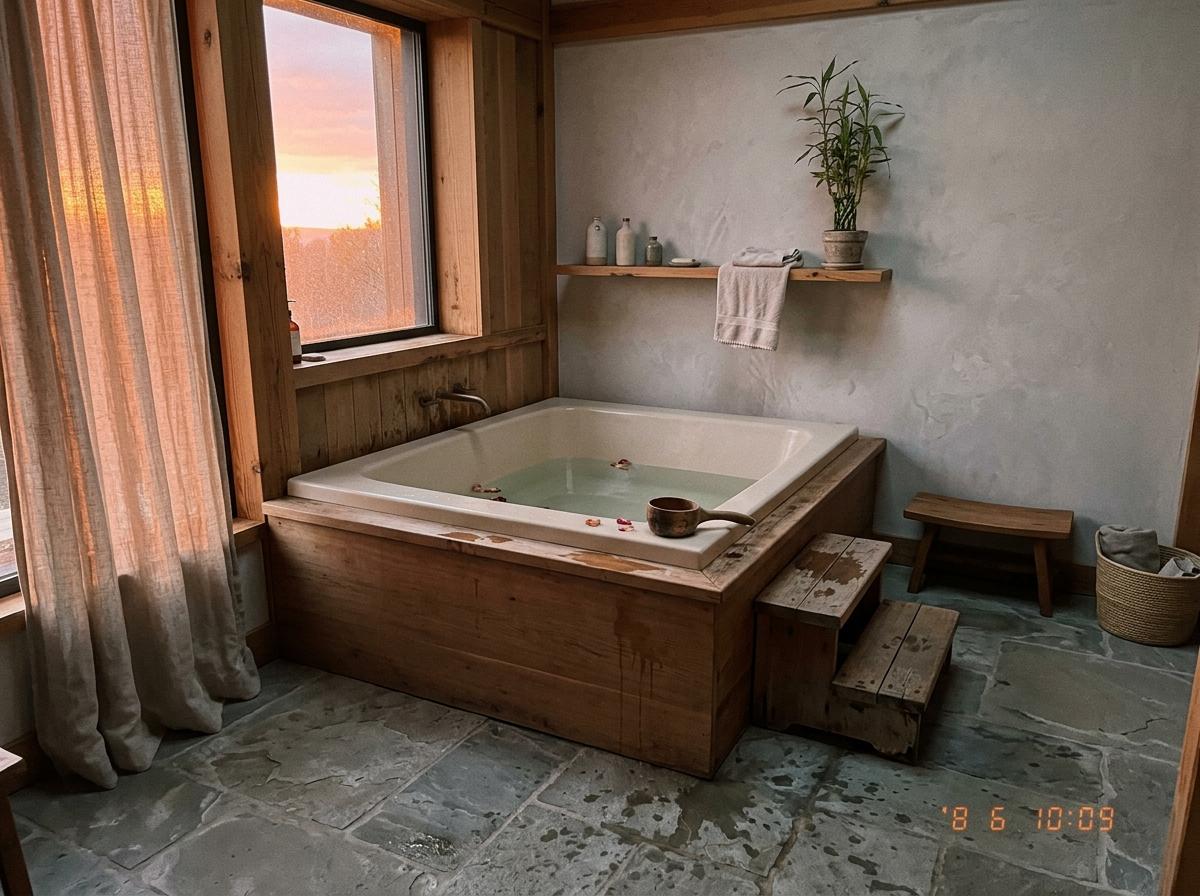 A Deep Soak Tub In A Zen Japandi Bathroom