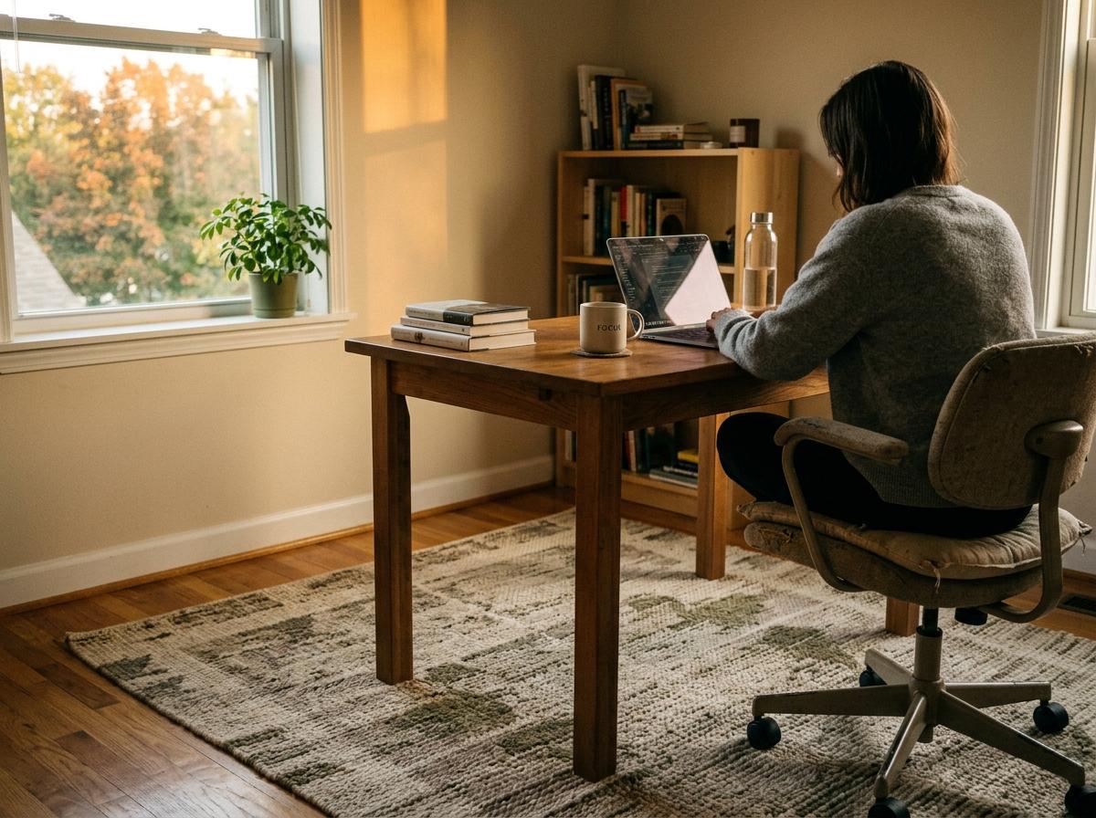 A Focused Workspace With Japandi Office Rug Design Elements