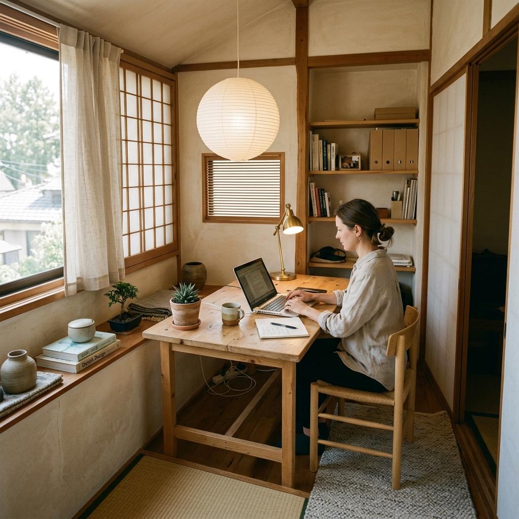 A Functional Home Office With Distinct Japandi Design Features