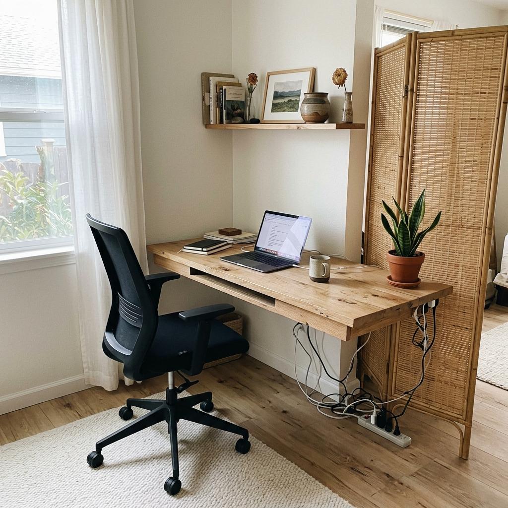 A Functional Workspace Featuring Classic Japandi Style Elements