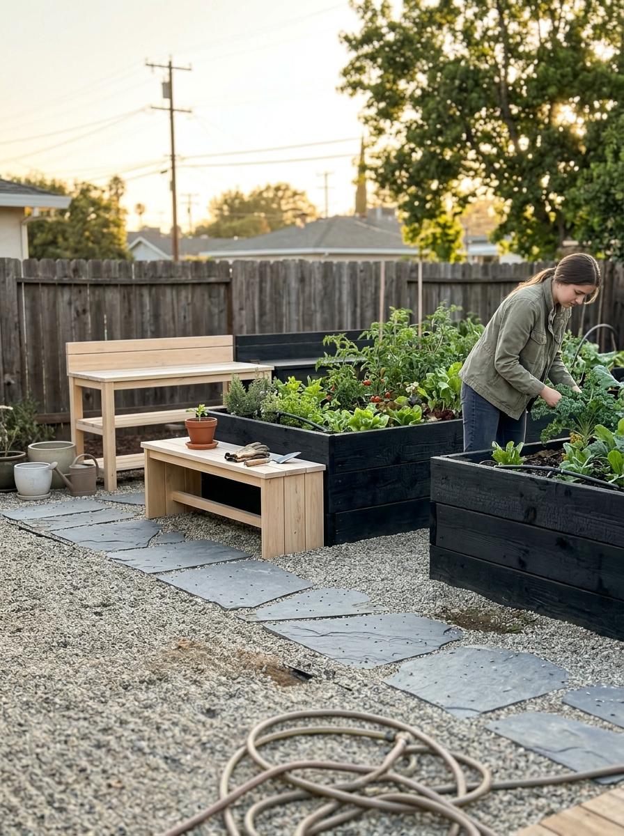 A Harmonious Backyard With Japandi Vegetable Garden Features