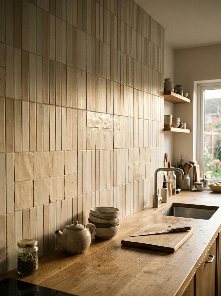 A Home Featuring Minimalist Ceramic Japandi Kitchen Backsplash Ideas