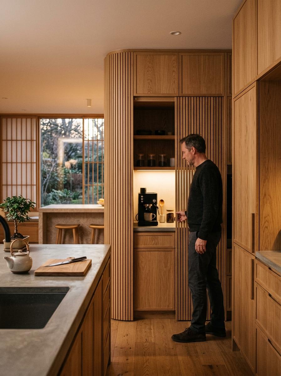 A Home With Innovative Japandi Kitchen Storage Features