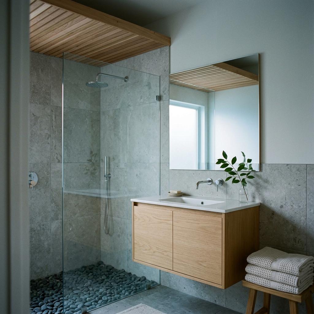 A Home With Strategic Japandi Bathroom Wood Accents Focus