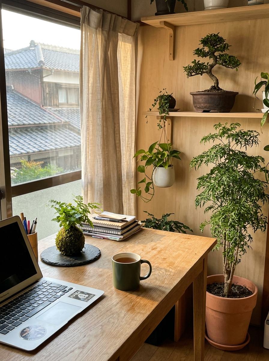 A Home Workspace Focused On Elegant Japandi Office Plants