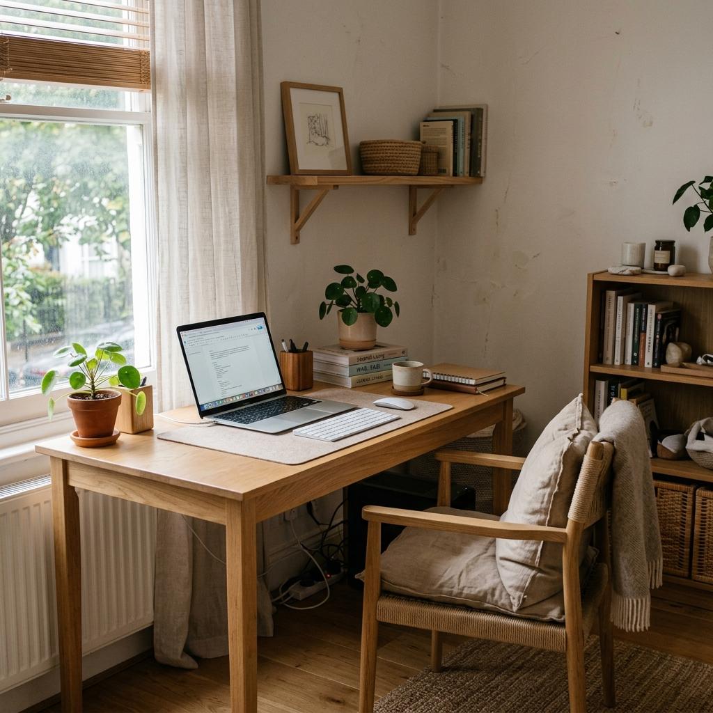 A Home Workspace With Modern Cozy Japandi Office Elements