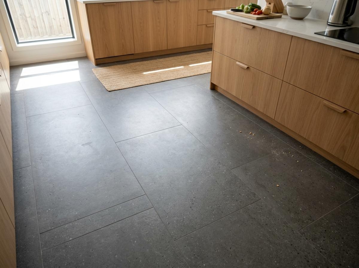 A Kitchen With Modern Japandi Kitchen Floor Tiles Focus