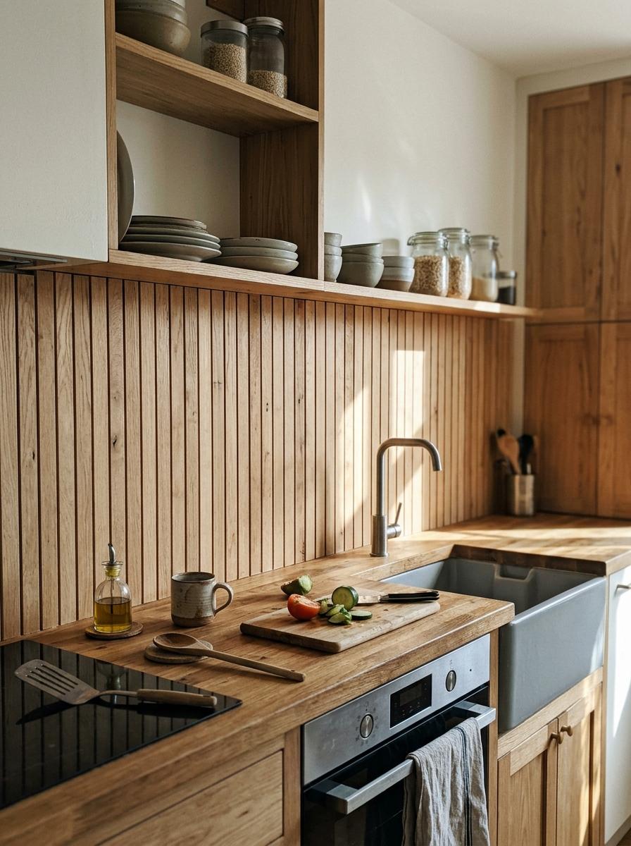 A Kitchen With Warm Wooden Japandi Kitchen Backsplash Styles
