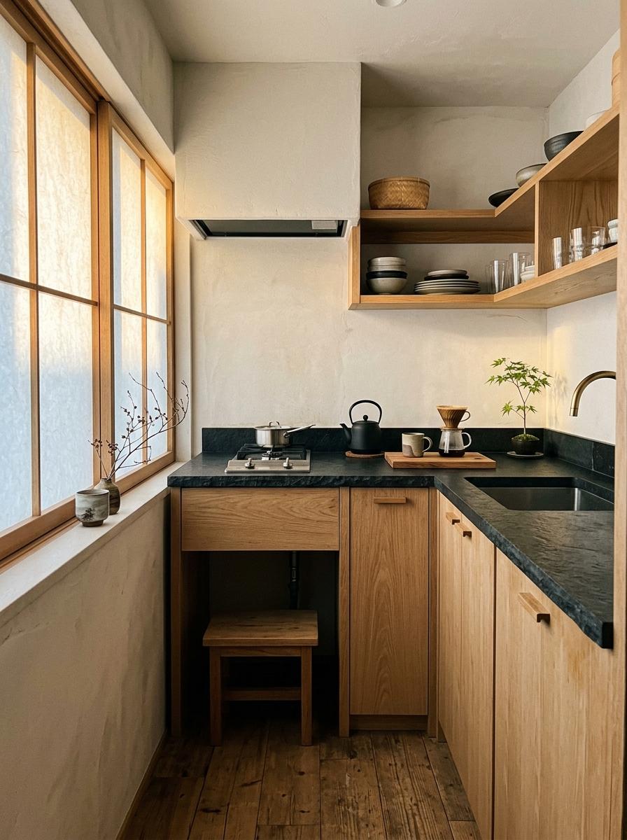 A Light Filled Approach To Small Japandi Kitchen Layout