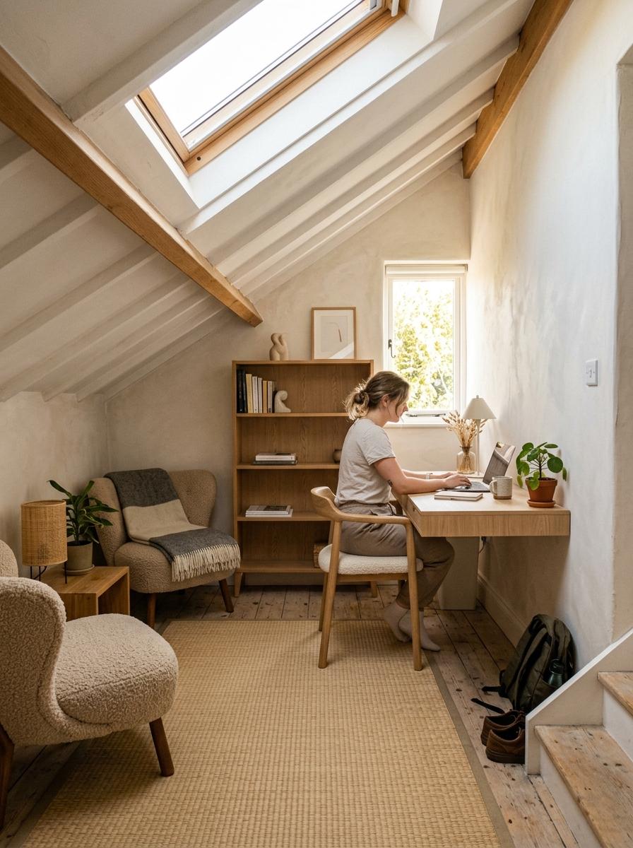 A Look Into A Light Filled Attic With Japandi Office Decor