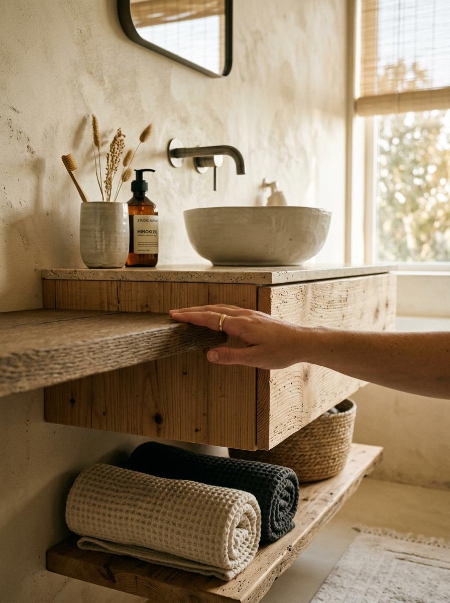A Look Into Textural Elements In Japandi Bathroom Storage
