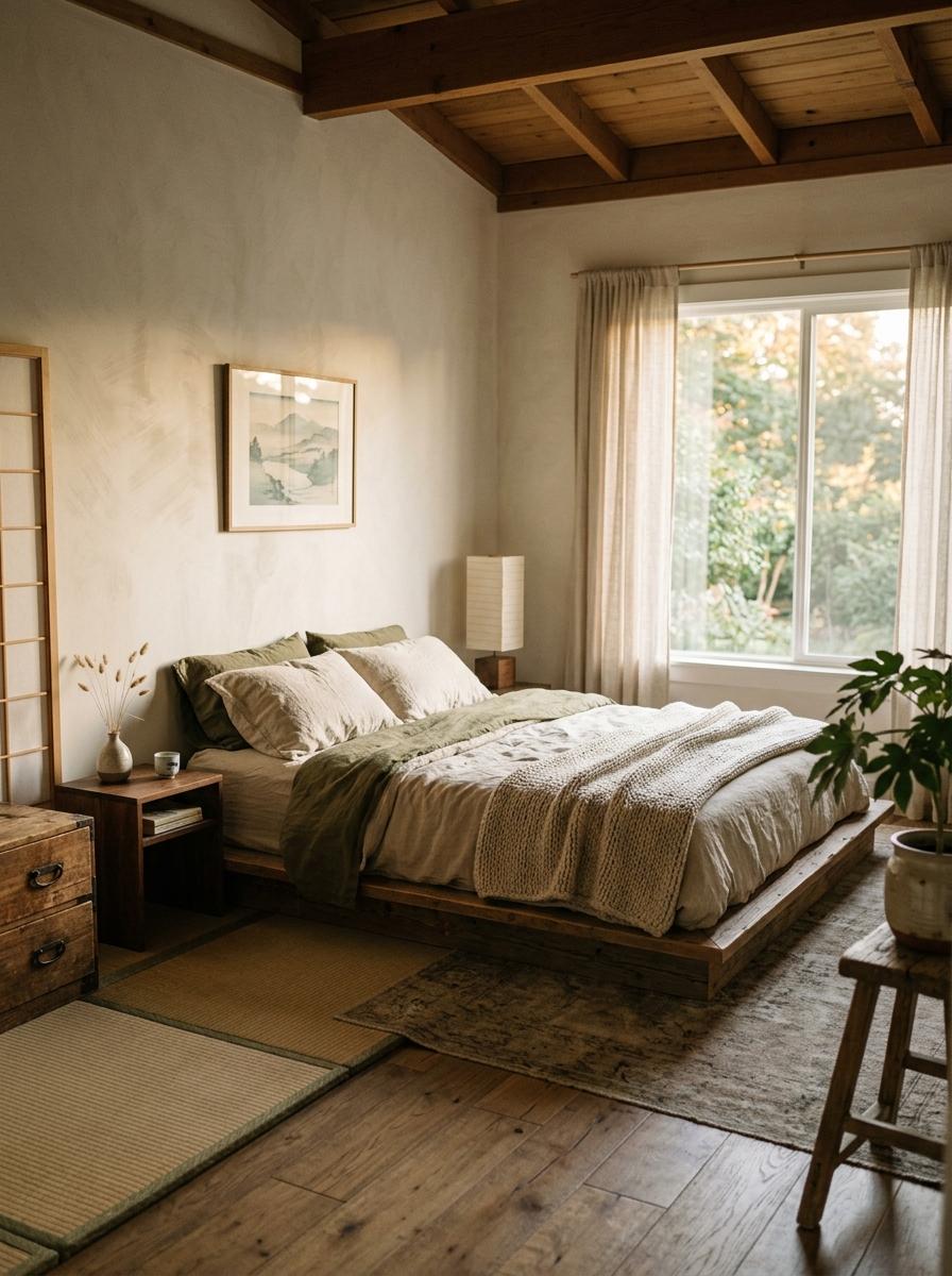 A Master Bedroom Transformed By Vintage Japandi Aesthetic