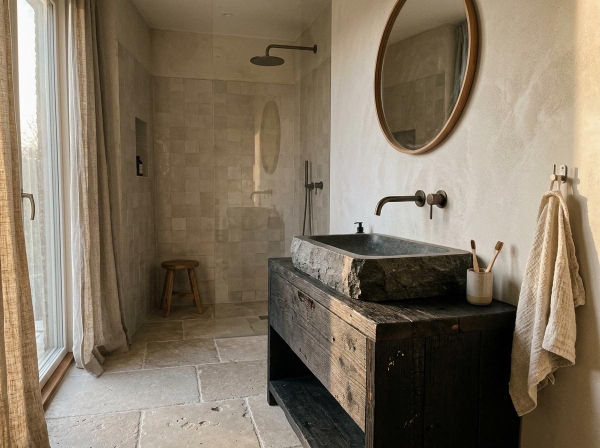 A Minimalist Japandi Bathroom Focused On Organic Materials