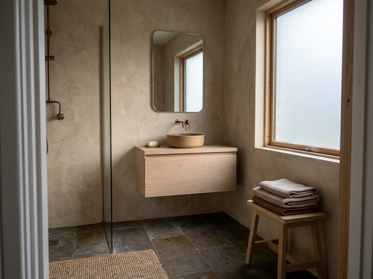 A Minimalist Journey Through An Earth Tone Japandi Bathroom
