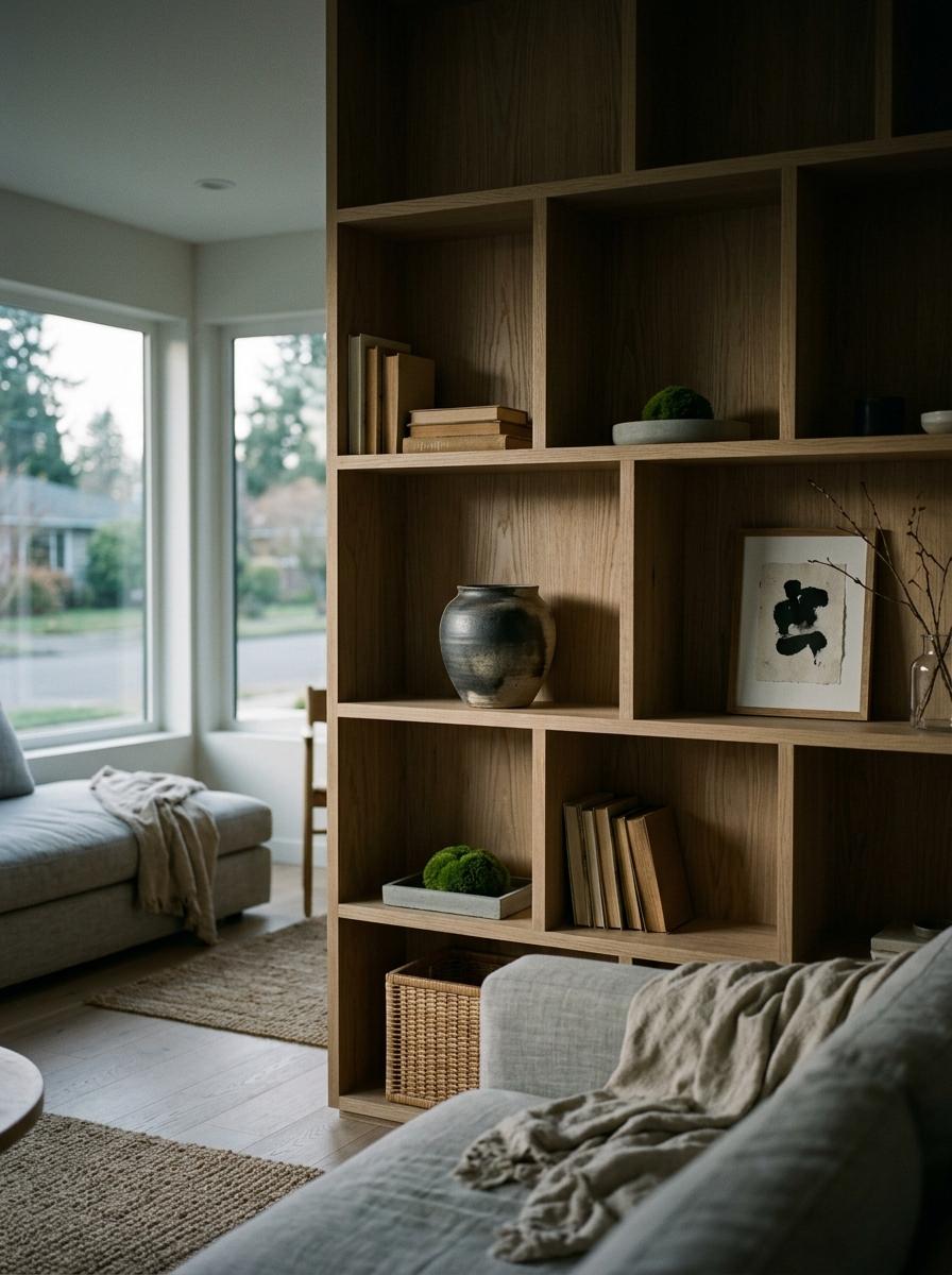 A Modern Approach To Open Japandi Living Room Shelving