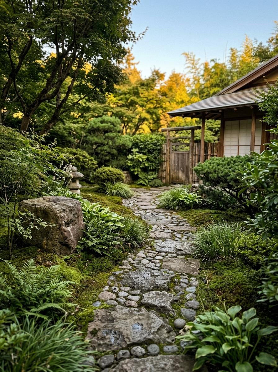 A Natural Stone Path Within A Lush Japandi Zen Garden