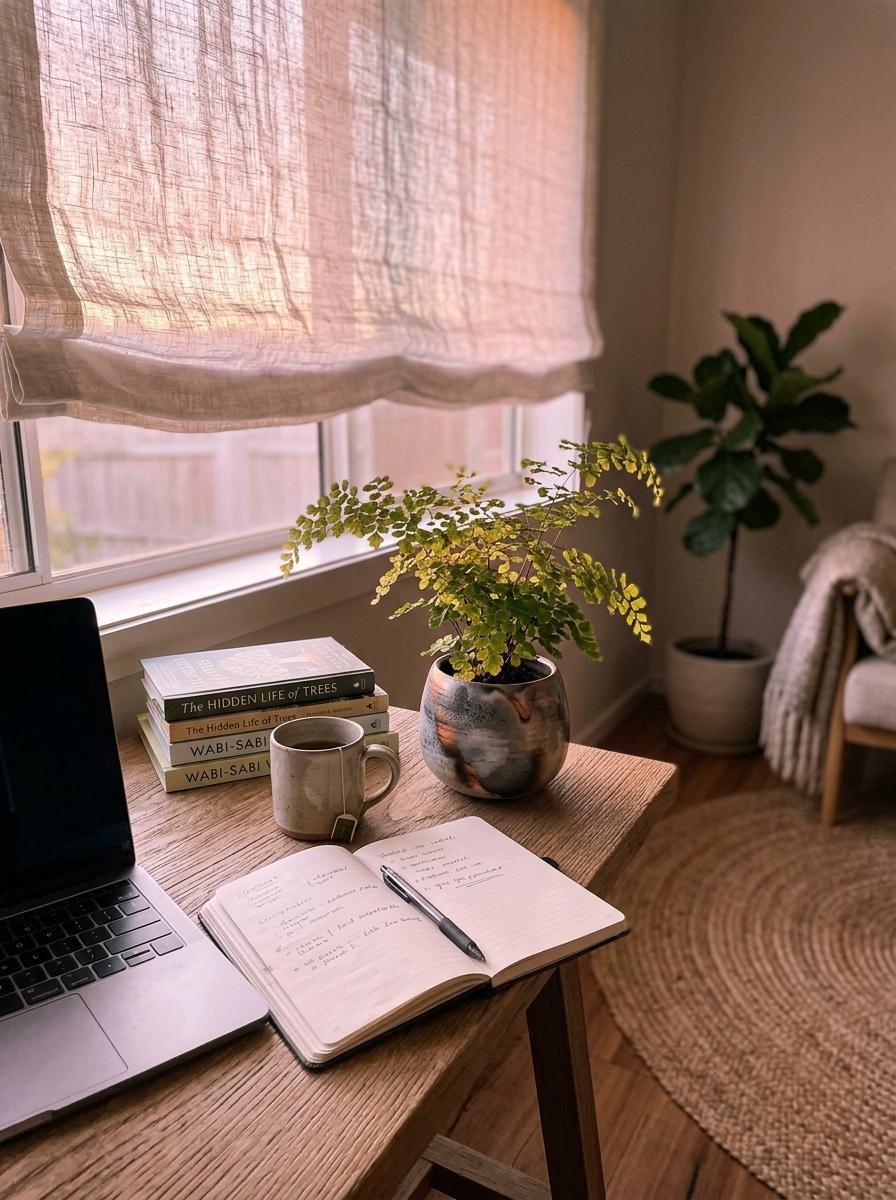 A Peaceful Corner Featuring Delicate Japandi Office Plants