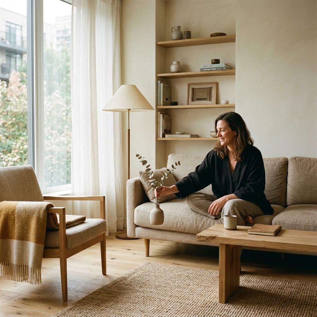 A Peaceful Retreat Found In A Warm Japandi Living Room