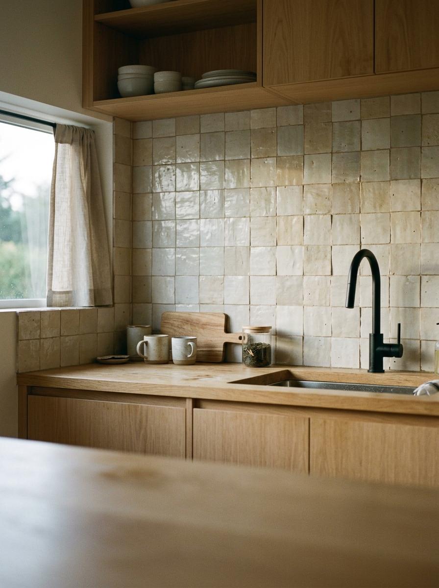 A Quiet Atmosphere Created By Textured Japandi Kitchen Backsplash Tiles