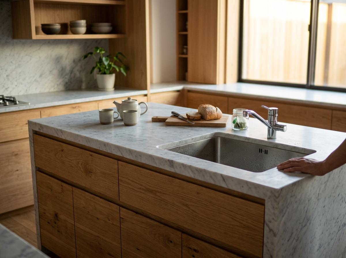 A Quiet Home Featuring Sophisticated Japandi Kitchen Countertops