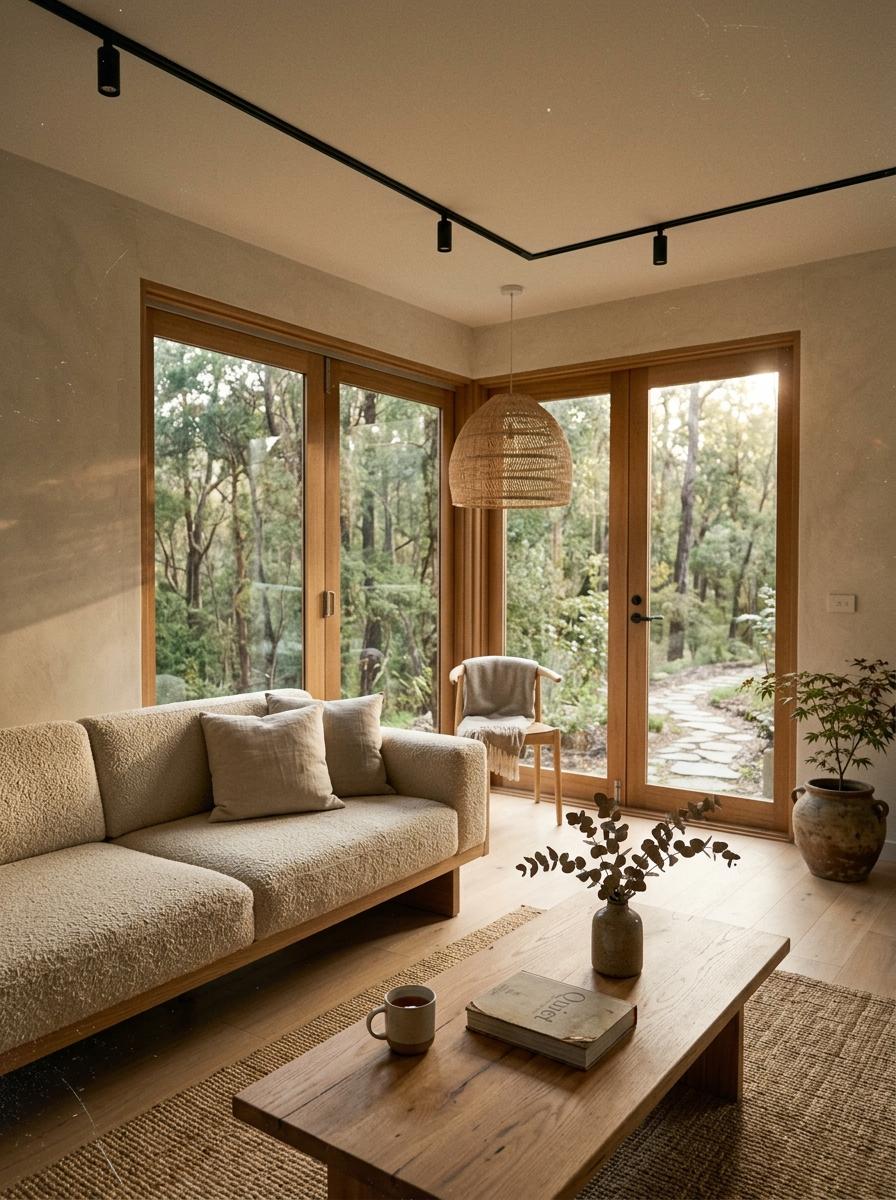 A Quiet Suburban Home With Natural Japandi Living Room Style