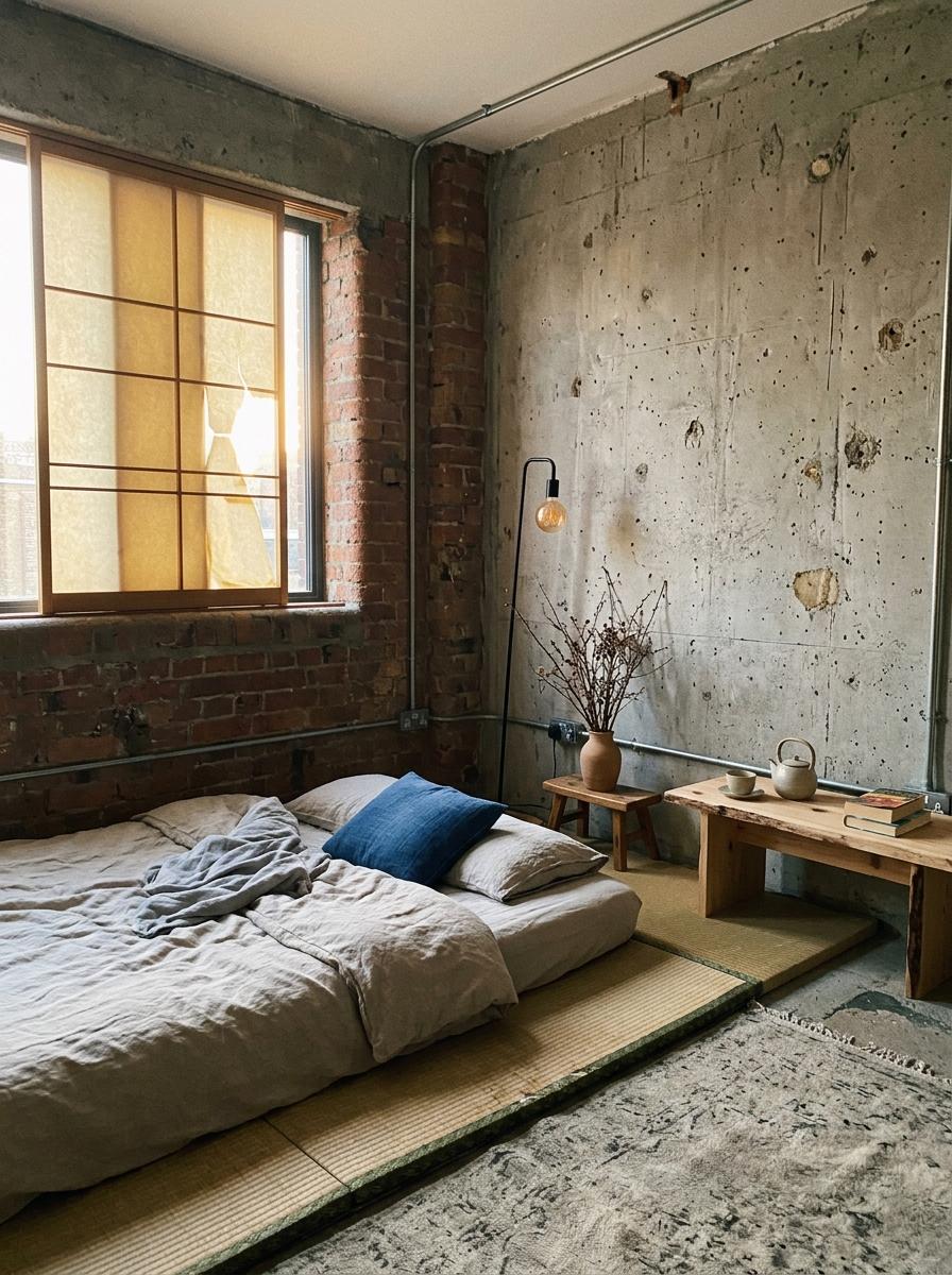 A Raw Industrial Bedroom With Japandi Design Accents