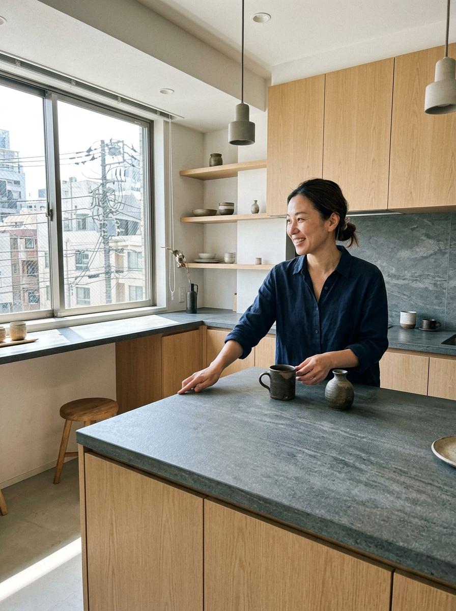 A Refined Apartment Showcasing Elegant Japandi Kitchen Countertops
