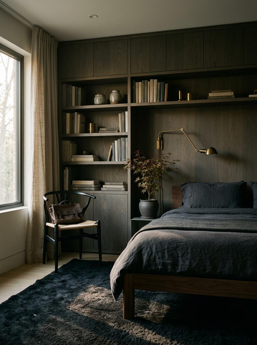 A Refined Dark Academy Bedroom With Minimalist Japandi Touch