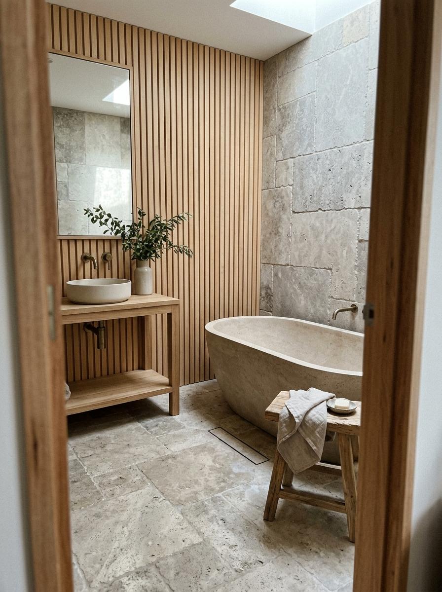 A Room With Organic Japandi Bathroom Design Focus