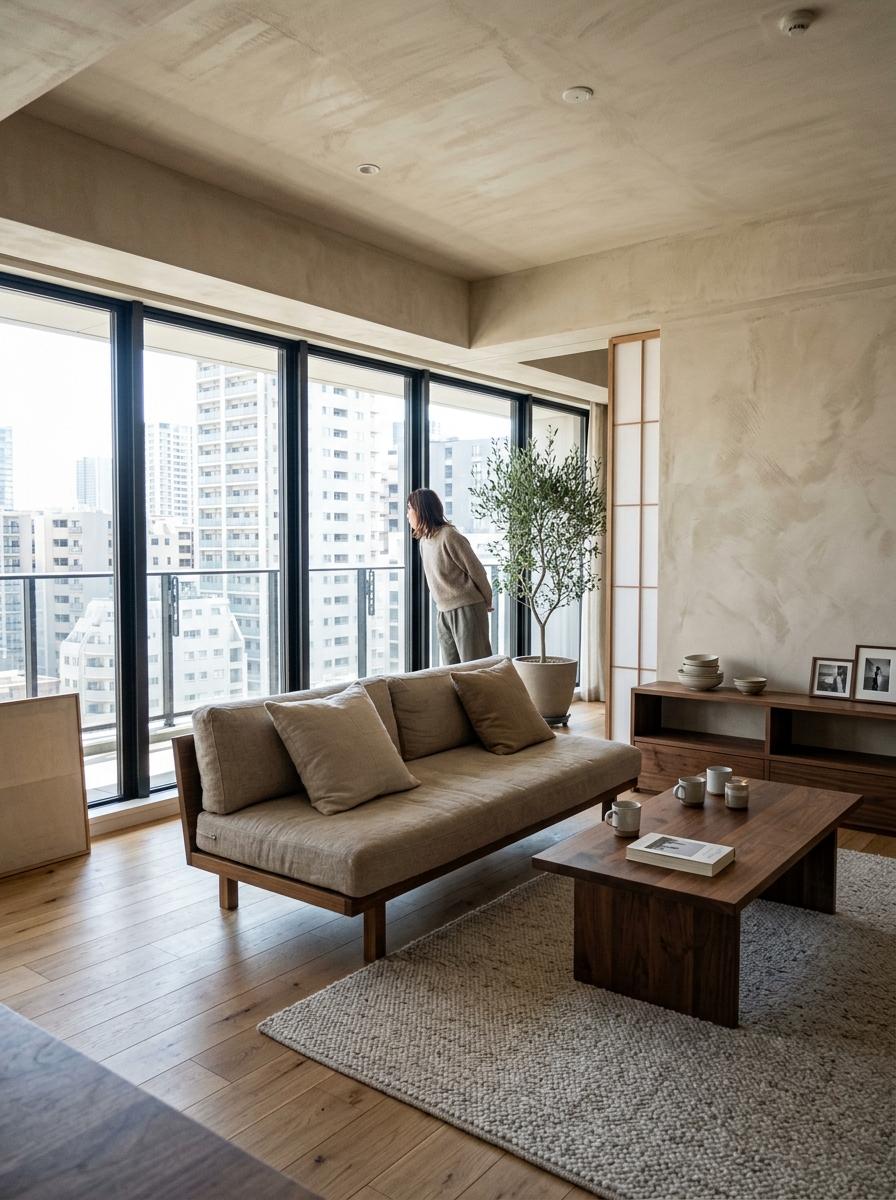 A Sophisticated Apartment Featuring A Minimalist Japandi Living Room