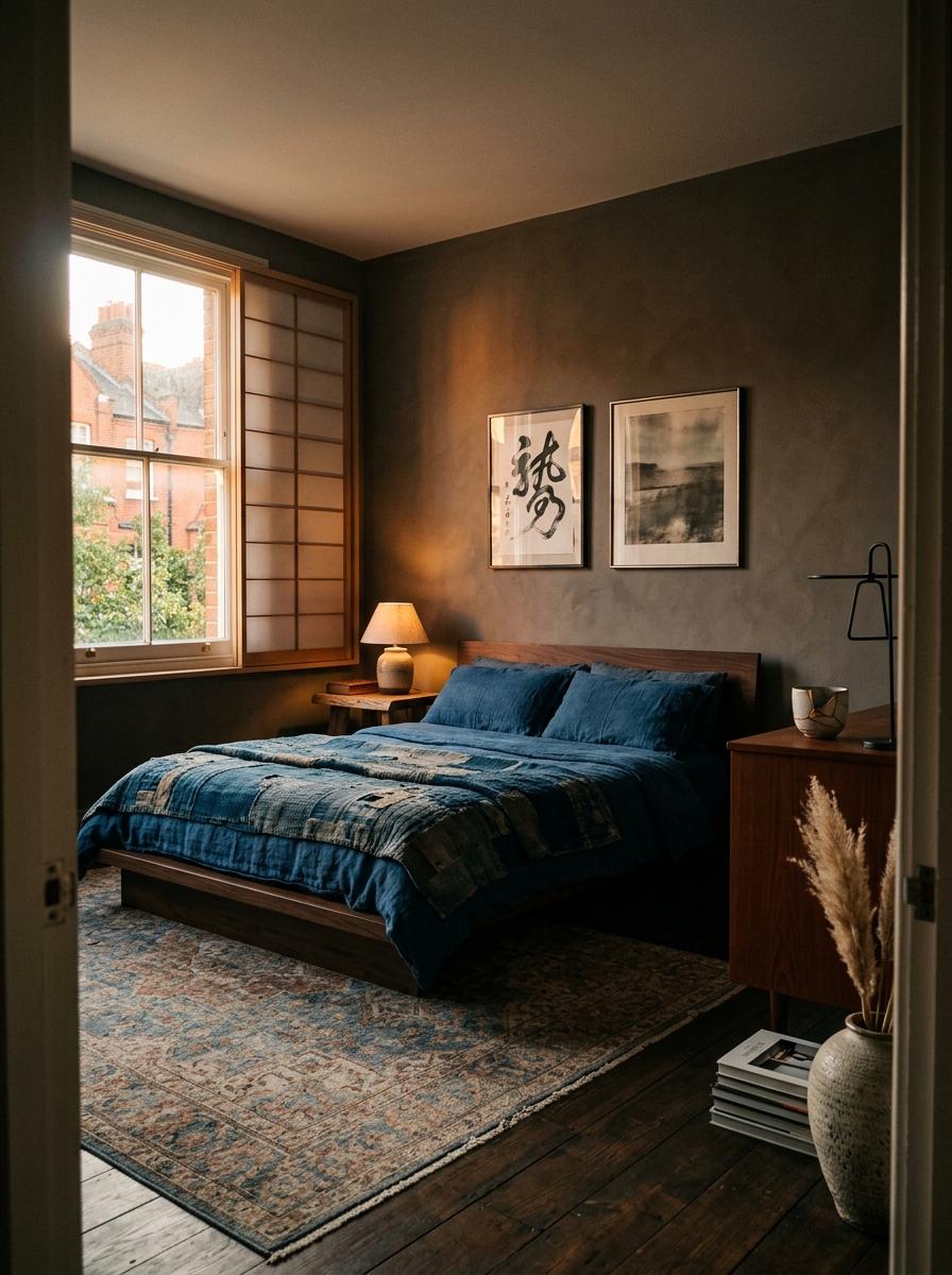 A Sophisticated Apartment Featuring Vintage Japandi Bedroom Vibes
