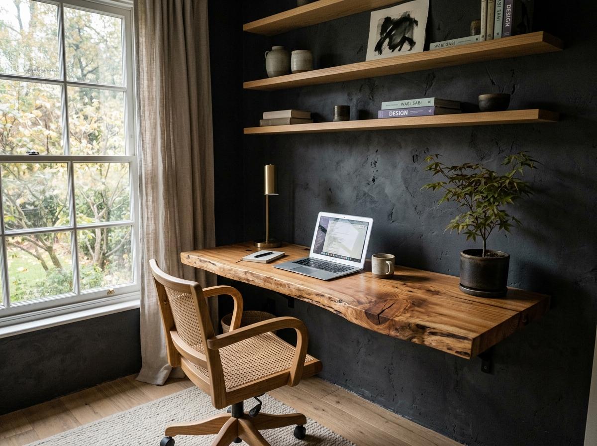 A Sophisticated Home Office With Organic Japandi Design Details