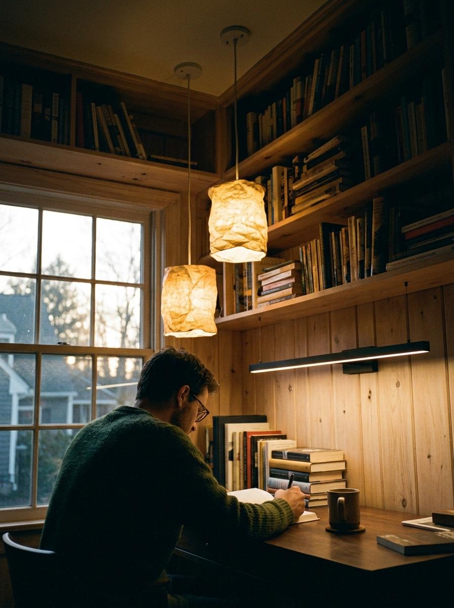 A Sophisticated Library Featuring Japandi Office Lighting Elements