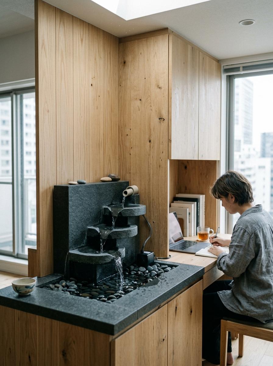 A Sophisticated Studio Enhanced By A Japandi Water Feature