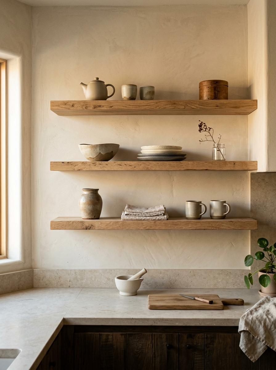 A Sophisticated Take On Japandi Kitchen Open Shelving