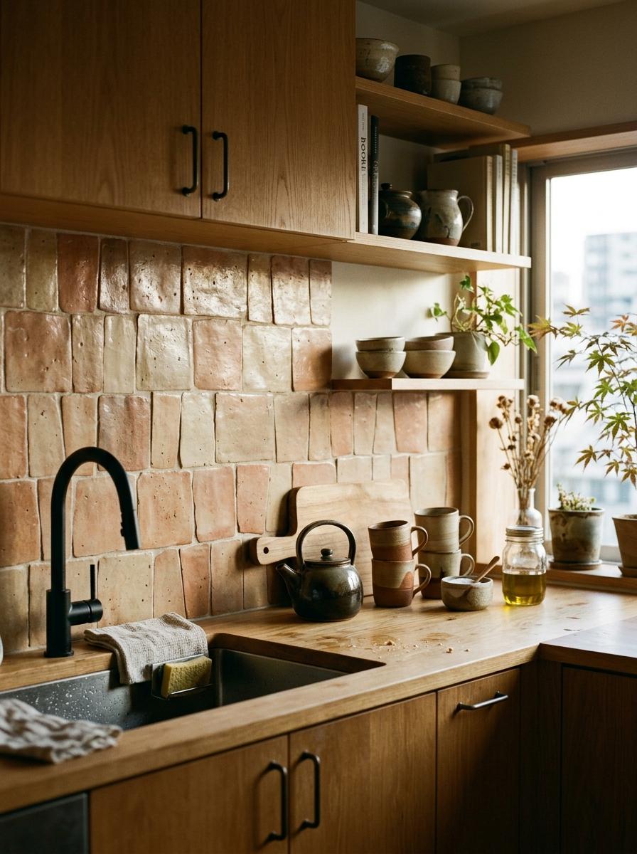 A Warm Space Using Subtle Japandi Kitchen Backsplash Earth Tones