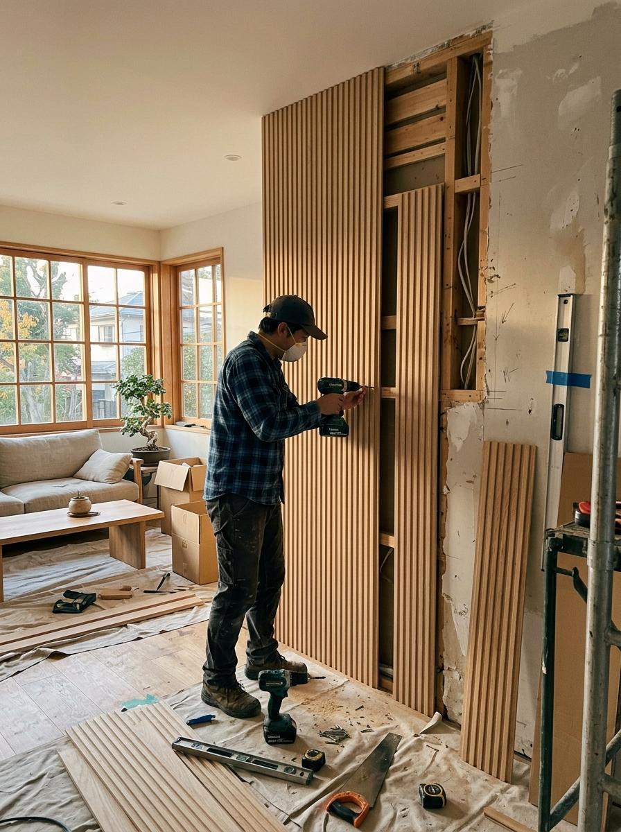 Adding Dimension With Ribbed Wood Panels In Japandi Living Room