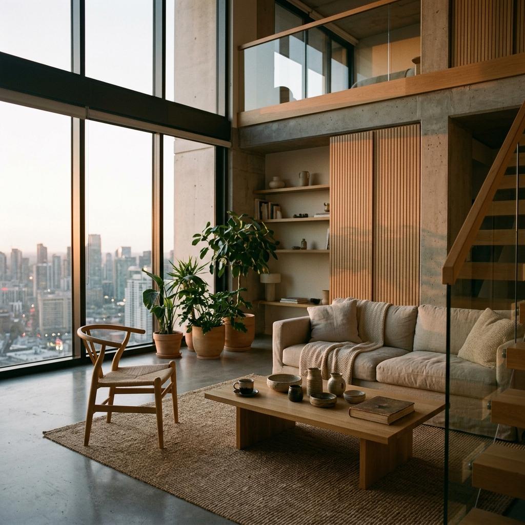 An Airy Penthouse With A Natural Japandi Living Room Focus