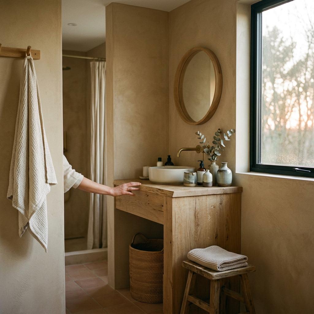 An Elegant Haven Defined By Earth Tone Japandi Bathroom Style