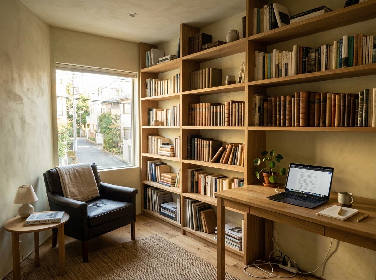 An Elegant Home Library Within A Japandi Office