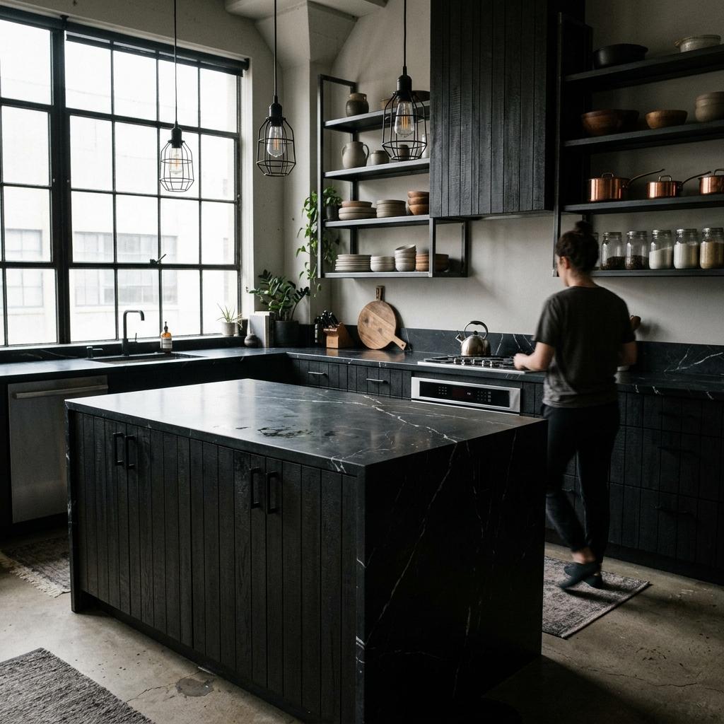 An Industrial Take On The Classic Dark Japandi Kitchen Theme