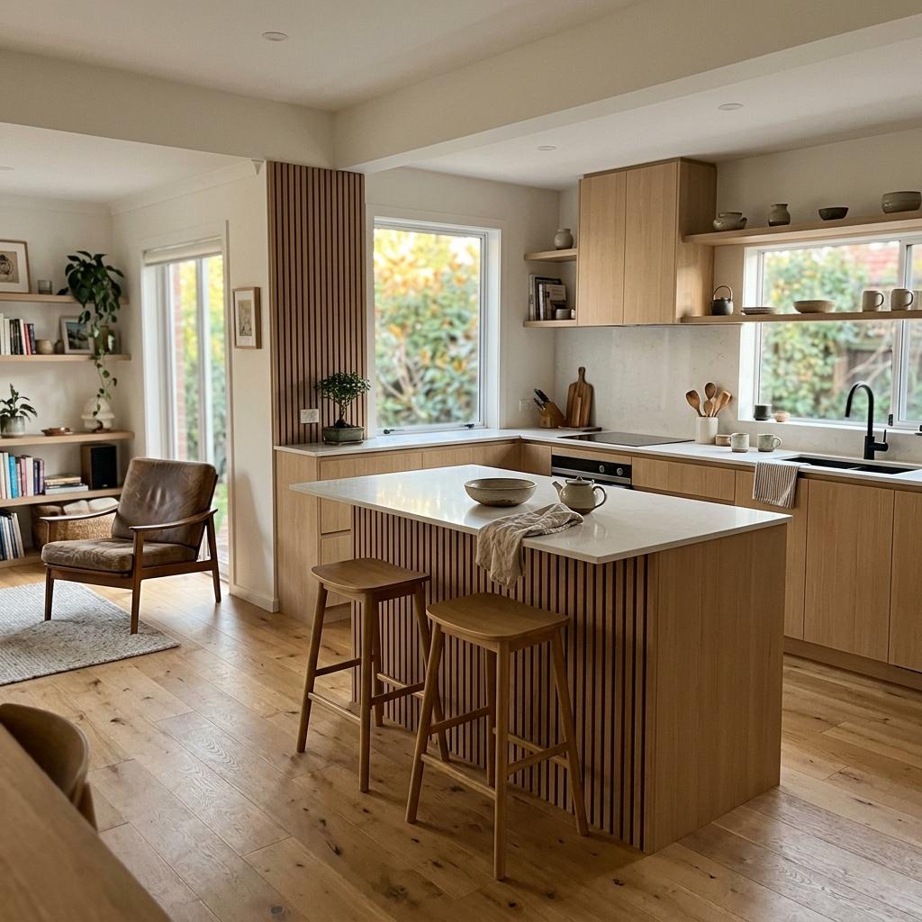 An Open Concept Home Featuring Modern Japandi Kitchen Design