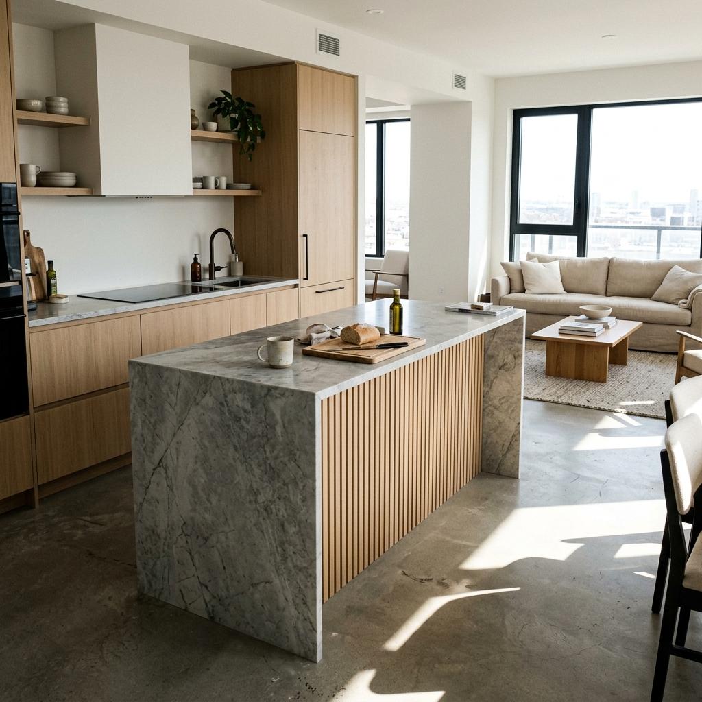 An Open Concept Living Area Featuring A Japandi Kitchen Style