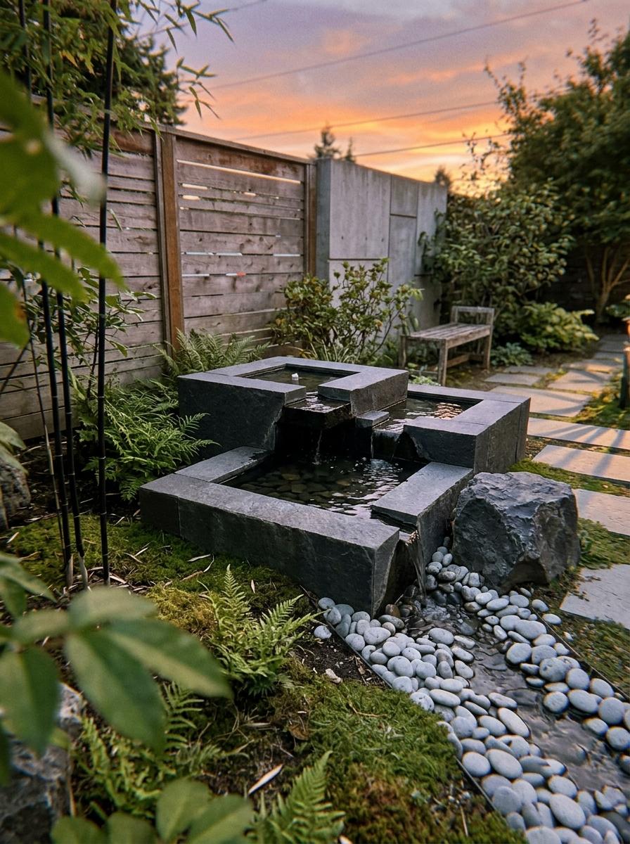 Architectural Balance In A Garden With Japandi Water Feature Styles