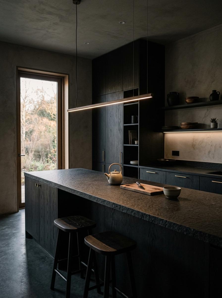 Atmospheric Lighting For A Stunning Dark Japandi Kitchen