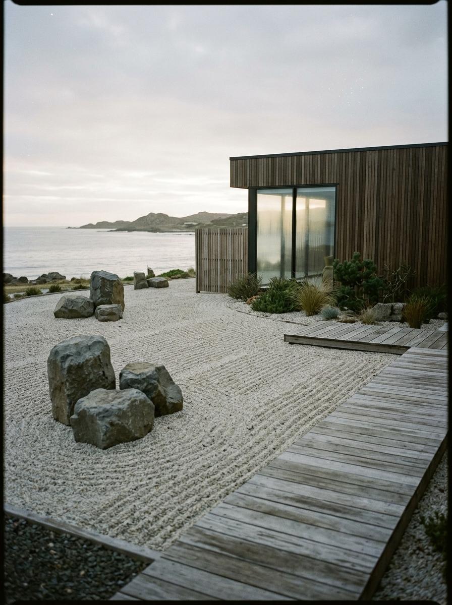 Balanced Landscape Architecture Featuring A Japandi Gravel Garden